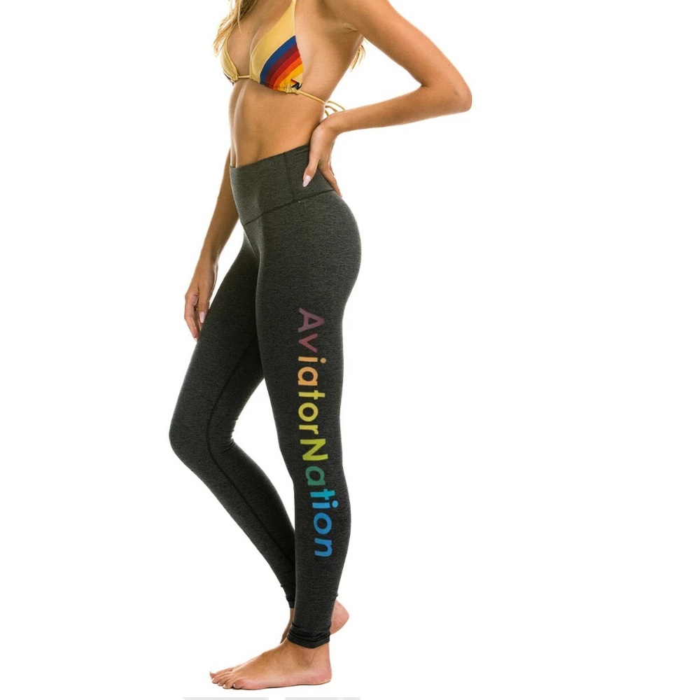 AVIATOR NATION Full Length High Rise Logo Leggings in Charcoal